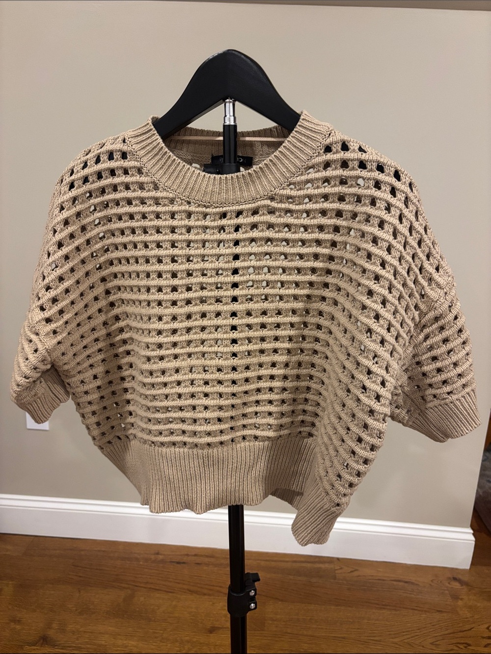 Open-Knit Short Sleeve Sweater Top in Beige